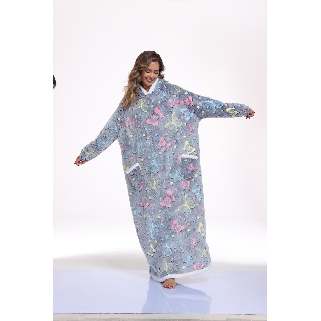 Oversized Wearable Hooded Blanket With Print Glow In The Dark Long Size-59in Sherpa Warm Sweatshirt For Women