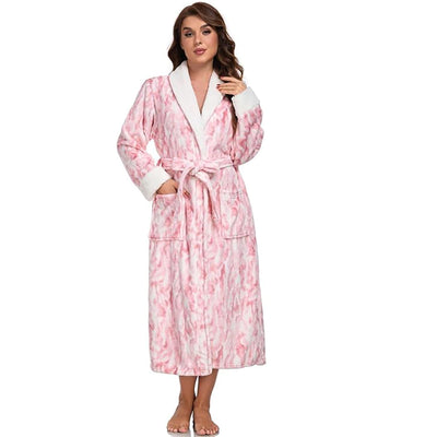 RONGTAI Plush Fleece Bathrobe For Women, Long Robe With Two Side Pockets And Belt, Warm And Cozy Fluffy Sleepwear Nightgown -Fleece White, M