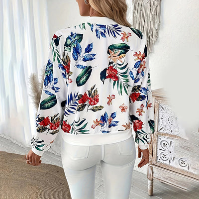 Women's Zip-Up Jacket With All-Over Botanical Print, Round Neck Long Sleeve Casual & Formal Wear For Spring&Fall