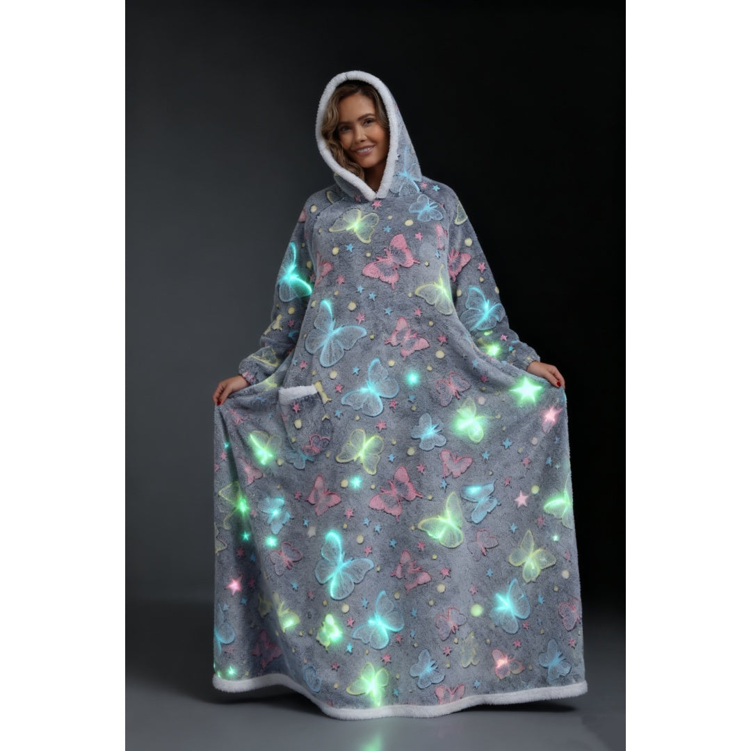 Oversized Wearable Hooded Blanket With Print Glow In The Dark Long Size-59in Sherpa Warm Sweatshirt For Women