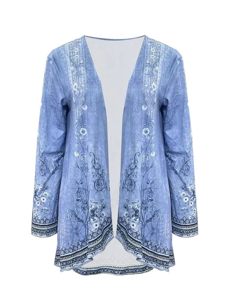 Spring And Autumn New Women's Top Printed Cardigan Casual Long Sleeve Light Jacket Blue