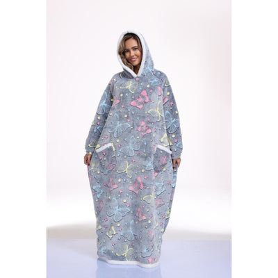 Oversized Wearable Hooded Blanket With Print Glow In The Dark Long Size-59in Sherpa Warm Sweatshirt For Women
