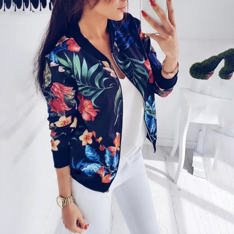 Women's Zip-Up Jacket With All-Over Botanical Print, Round Neck Long Sleeve Casual & Formal Wear For Spring&Fall