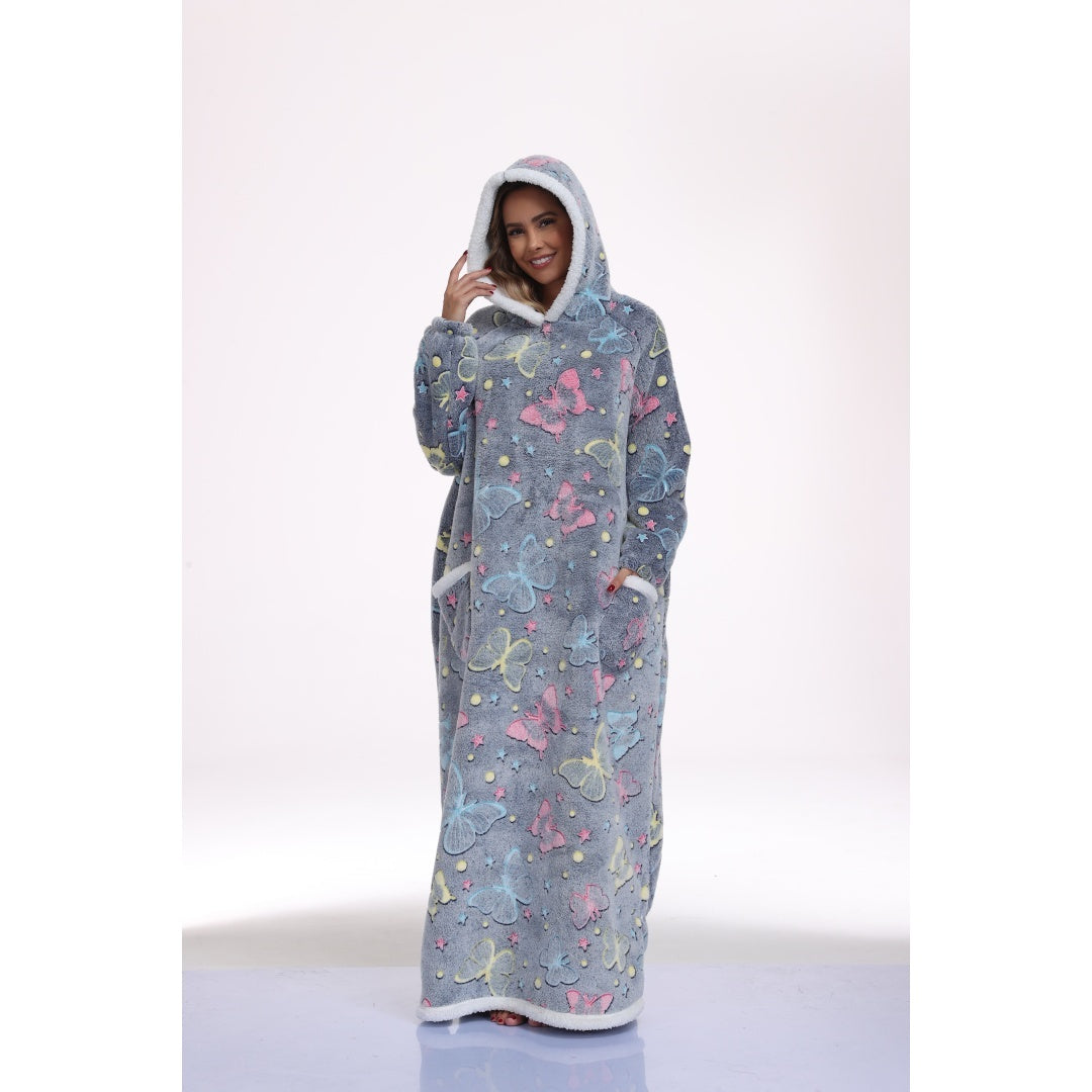 Oversized Wearable Hooded Blanket With Print Glow In The Dark Long Size-59in Sherpa Warm Sweatshirt For Women