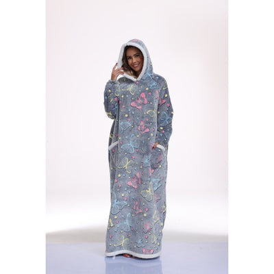 Oversized Wearable Hooded Blanket With Print Glow In The Dark Long Size-59in Sherpa Warm Sweatshirt For Women