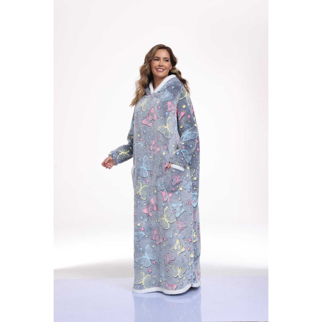 Oversized Wearable Hooded Blanket With Print Glow In The Dark Long Size-59in Sherpa Warm Sweatshirt For Women