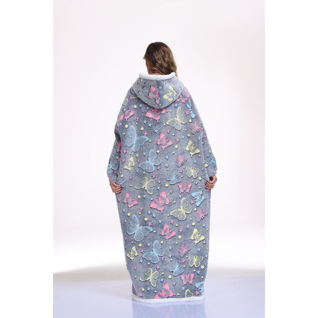 Oversized Wearable Hooded Blanket With Print Glow In The Dark Long Size-59in Sherpa Warm Sweatshirt For Women