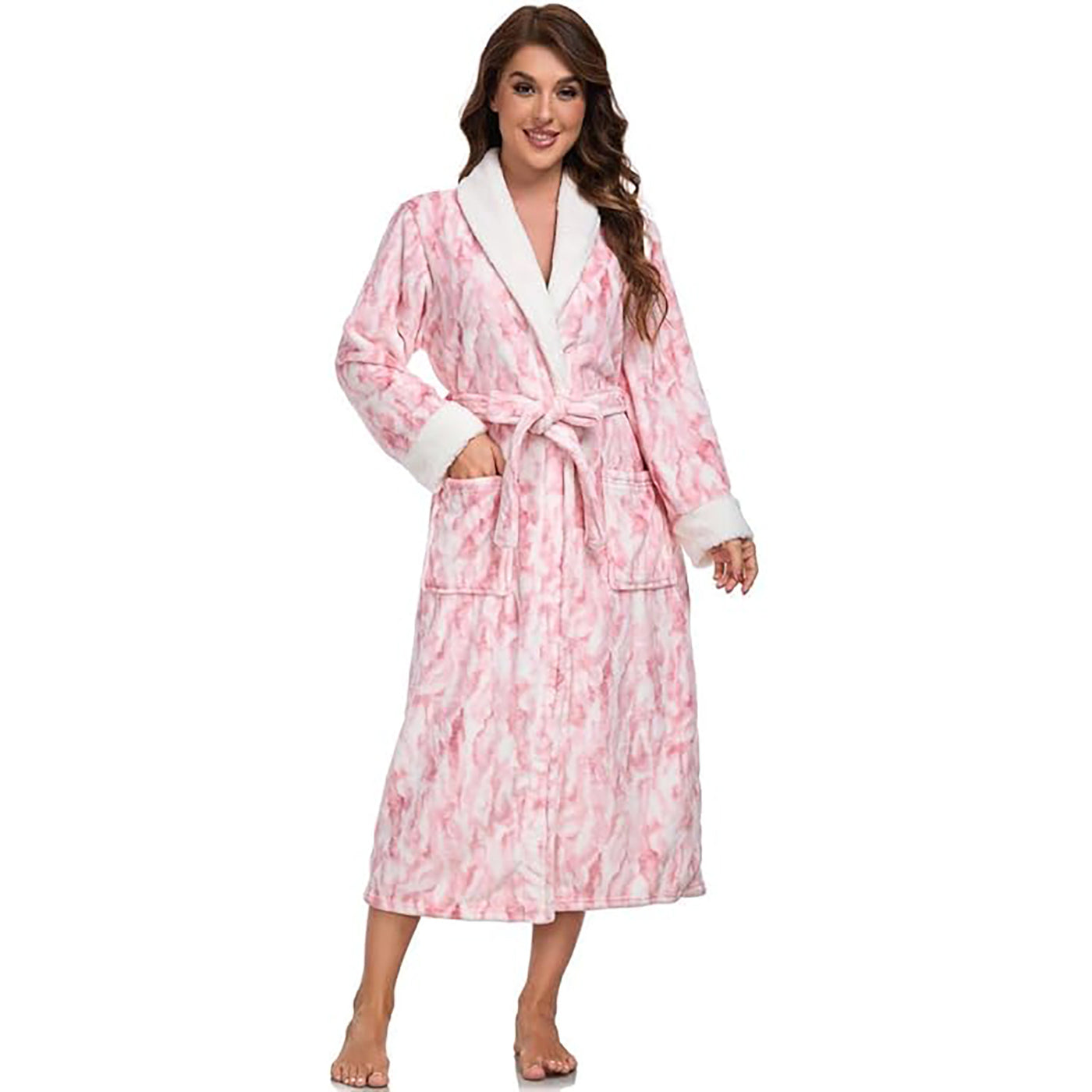 RONGTAI Plush Fleece Bathrobe For Women, Long Robe With Two Side Pockets And Belt, Warm And Cozy Fluffy Sleepwear Nightgown -Fleece White, M