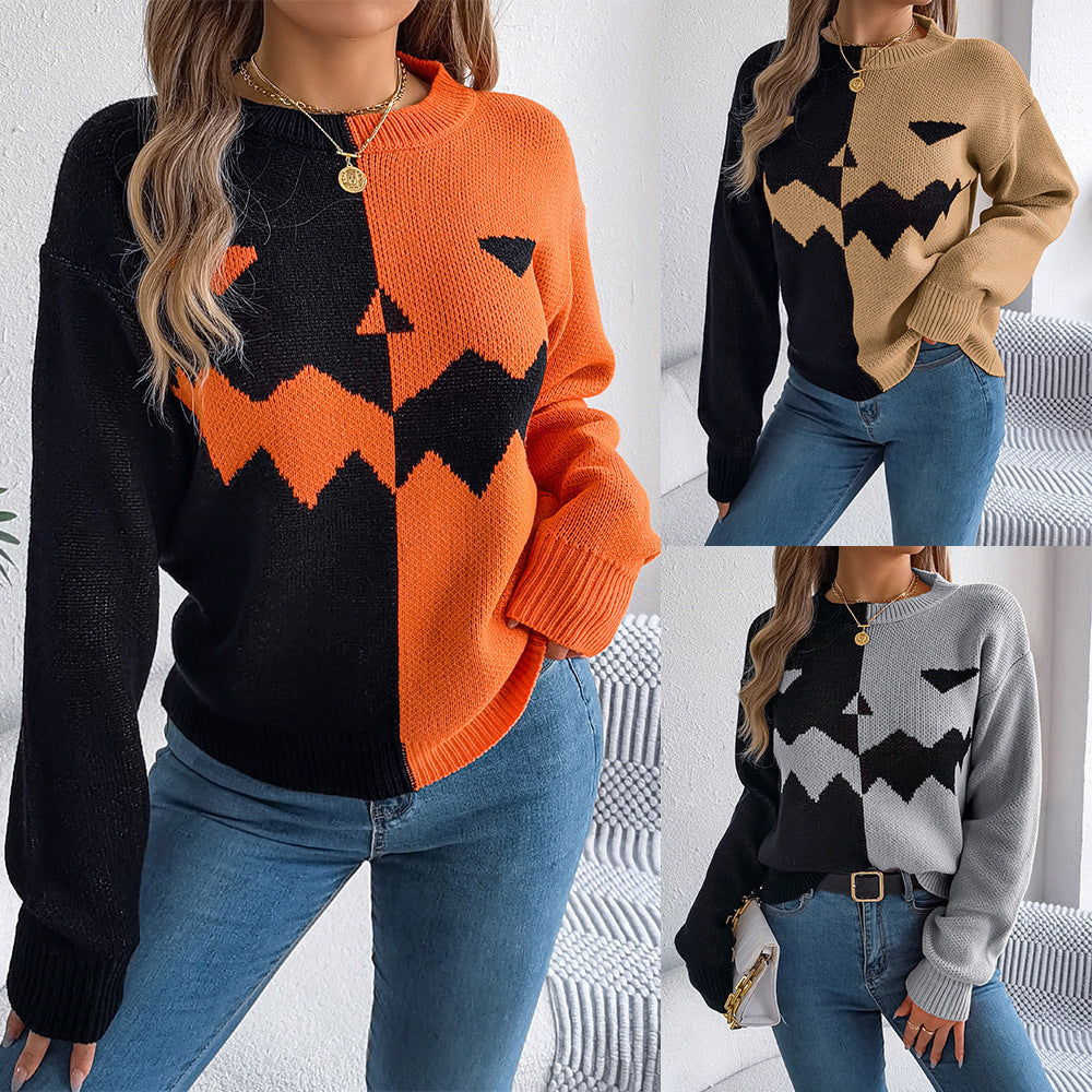 Fall And Winter Halloween Spooky Pumpkin Contrast Long Sleeve Pullover Sweater Women's Clothing