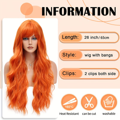 Elegant Long Orange Non-toxic Wig, Synthetic Wavy Hair Wig For Ladies, 28-inch Long Hair, Suitable For The Whole Scene