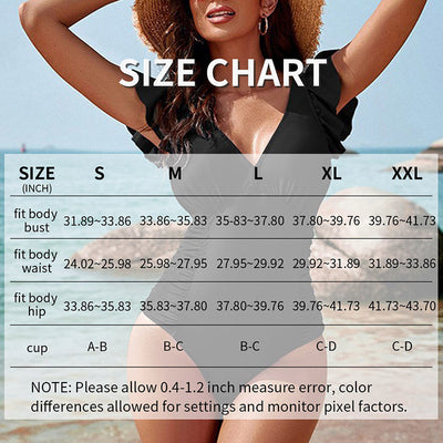 Women's V Neck Ruffle Sleeve Bathing Suit Ruched Tummy Control One Piece Swimsuits