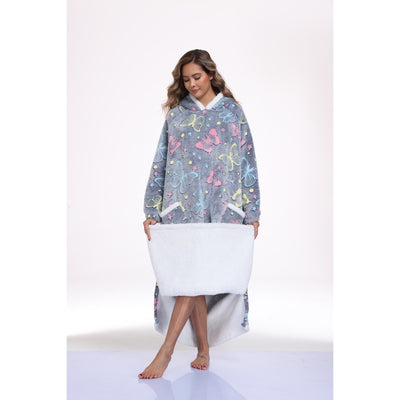 Oversized Wearable Hooded Blanket With Print Glow In The Dark Long Size-59in Sherpa Warm Sweatshirt For Women