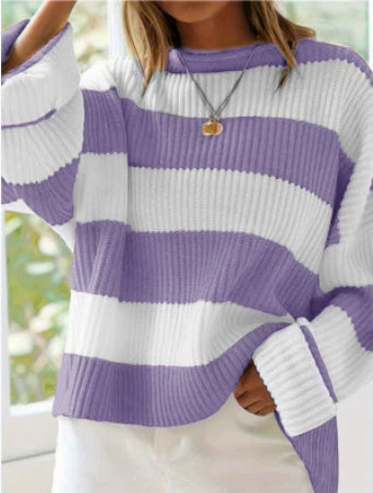 Loose Striped Sweater Fashion Casual Long Batwing Sleeve Round Neck Pullover Knit Tops Women Clothing