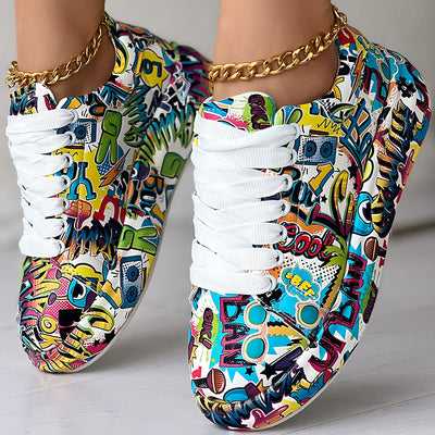 Women's Casual Round Toe Thick Sole Lace-Up Sneakers, Random Print Design, Comfortable Sporty Shoes For Daily Wear