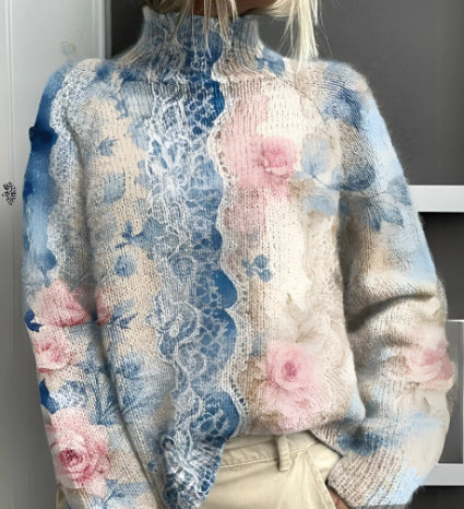 Printed Autumn And Winter New High Neck Long Sleeve Sweaters Women's Clothing