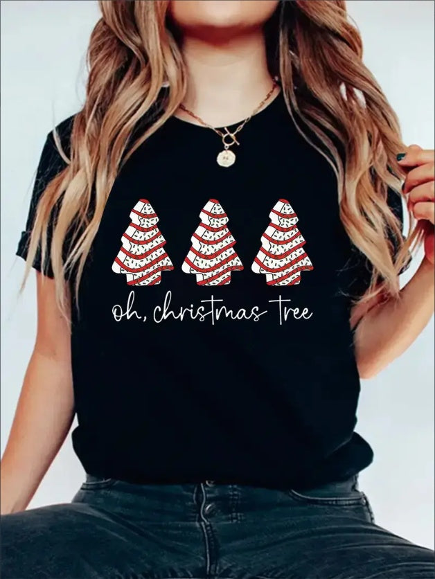Women's Christmas Tree Print T-Shirt - Casual Crew Neck, Short Sleeve Top For Spring & Fall, Machine Washable, Ladies Christmas T Shirt