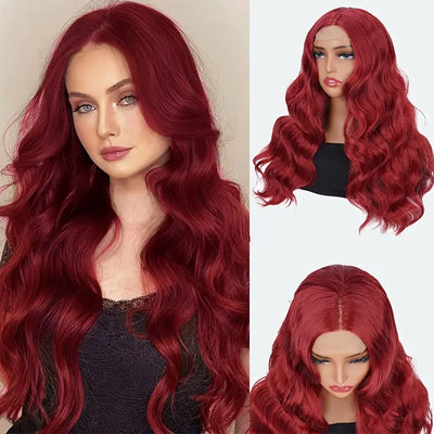 Elegant 24 Inch Red Wavy Synthetic Wig For Women, 4x1 Front Lace, High Temperature Fiber, Middle Part, Natural Look, Breathable, Comfortable, Versatile For Cosplay & Daily Use, All Ethnicities