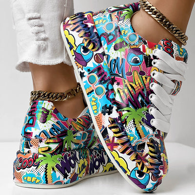 Women's Casual Round Toe Thick Sole Lace-Up Sneakers, Random Print Design, Comfortable Sporty Shoes For Daily Wear