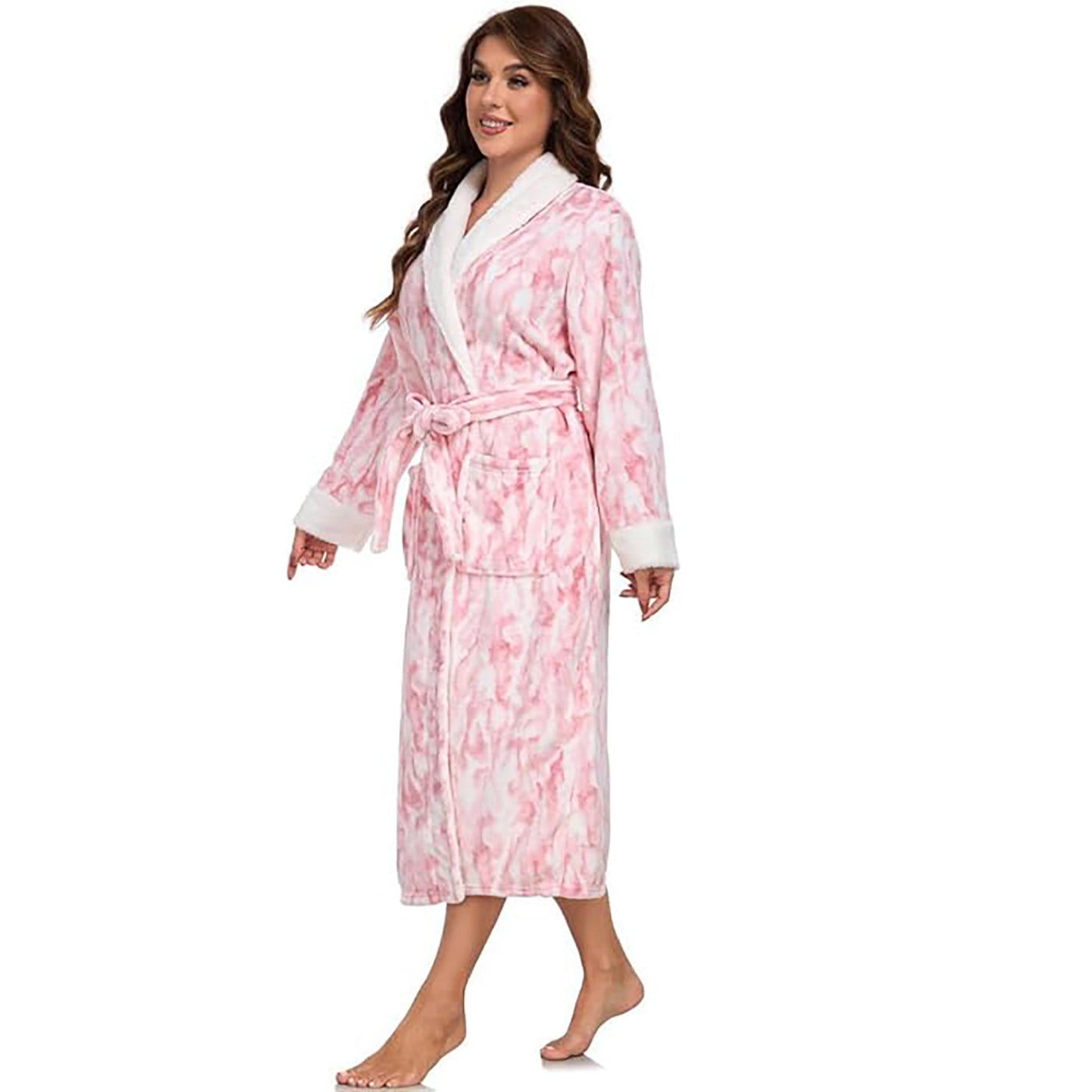 RONGTAI Plush Fleece Bathrobe For Women, Long Robe With Two Side Pockets And Belt, Warm And Cozy Fluffy Sleepwear Nightgown -Fleece White, M