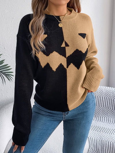 Fall And Winter Halloween Spooky Pumpkin Contrast Long Sleeve Pullover Sweater Women's Clothing